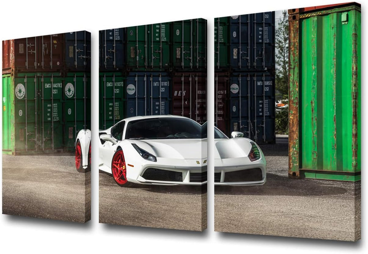 Canvas Print Wall Art Painting for Home Decor Red and White Sports Car 3 Pieces Panel Paintings Modern Giclee Stretched and Framed Artwork the Picture for Living Room Decoration - 12 x 24 inch x 3