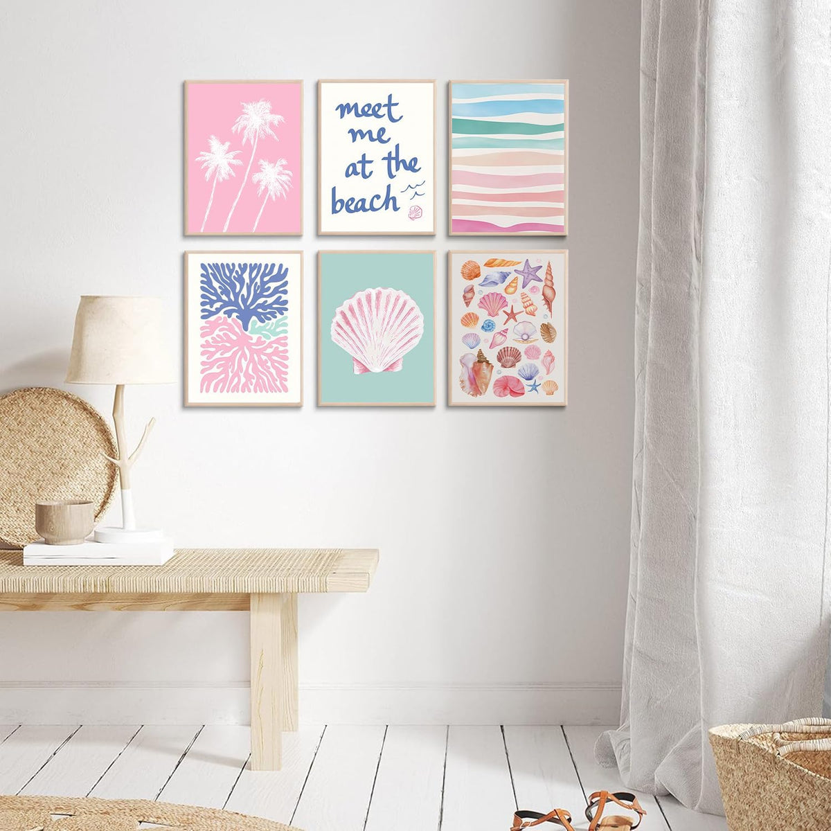 6 Pcs Coastal Beachy Wall Art Tropical Summer Shell Ocean Paintings Prints Posters Trendy Pink Preppy Palm Tree Canvas Wall Decor Aesthetic for Bedroom Living Room Dorm Apartment 8x10inch Unframed