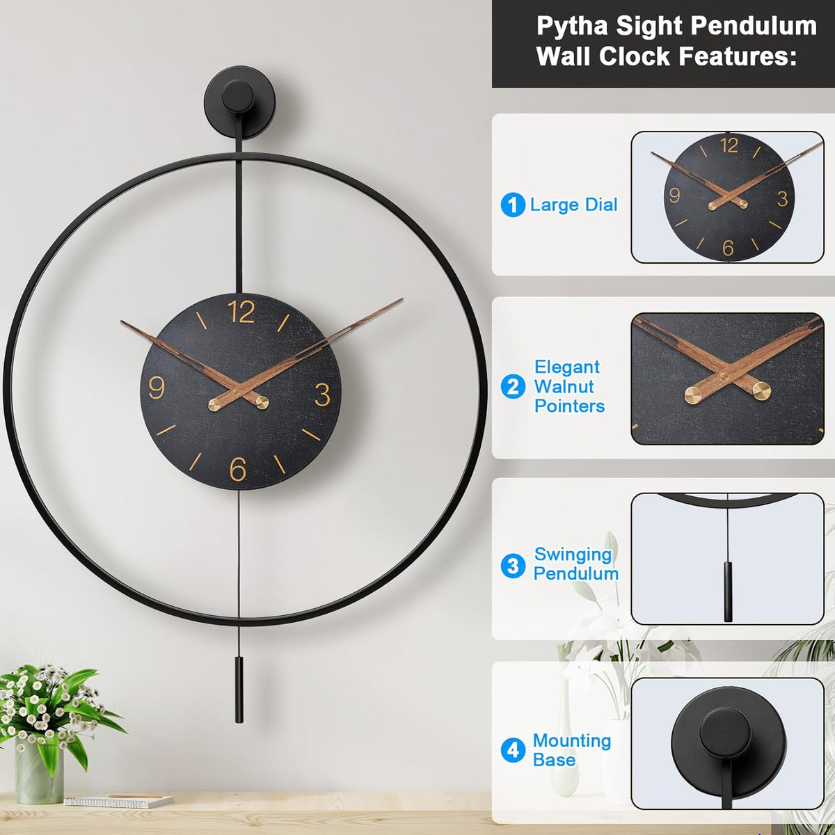 Large Modern Wall Clock,30.7× 20 Inch Big Metal Minimalist Arabic Numeral Dial,Decorative Farmhouse Pendulum Wall Clocks with Walnut Pointers forLiving Room Decor, Office,Dining Room