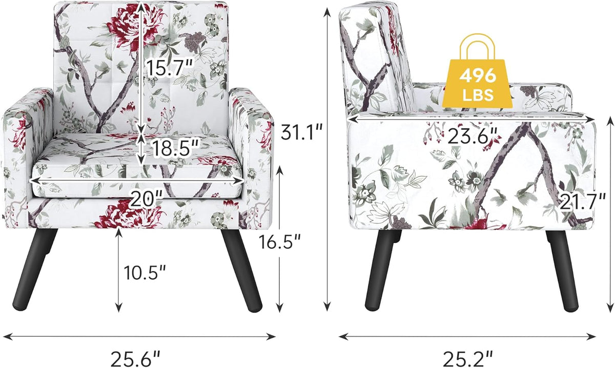 Kromax Mid-Century Modern Accent Chair for Living Room, 496 Lb. Weight Capacity, Dual Armrests, Comfy Extra Large Seat, Timeless Style Perfect for Reading & Relaxing, Red Floral