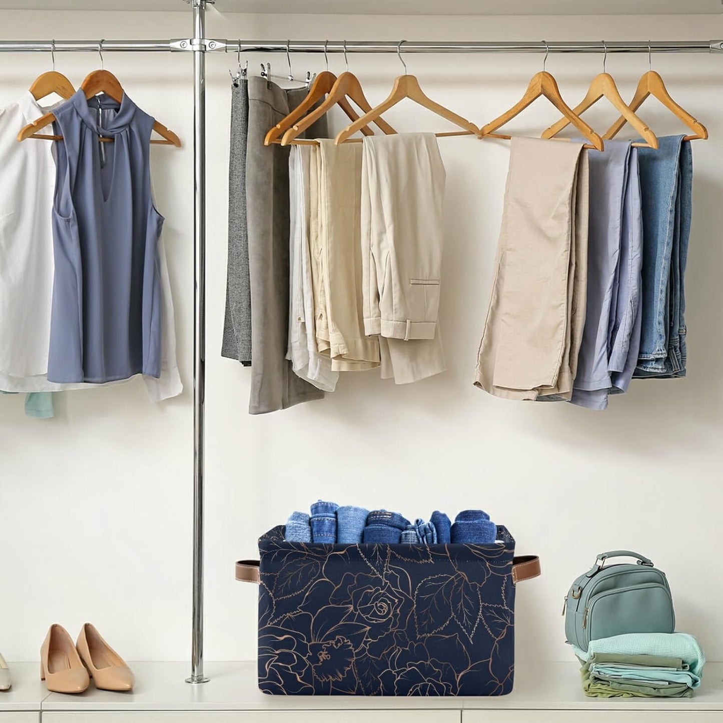 susiyo Large Foldable Storage Bins Collapsible Decorative Fabric Storage Baskets with Leather Handles for Home Closet Bedroom Organizer Nursery 2 Pack,Navy Blue