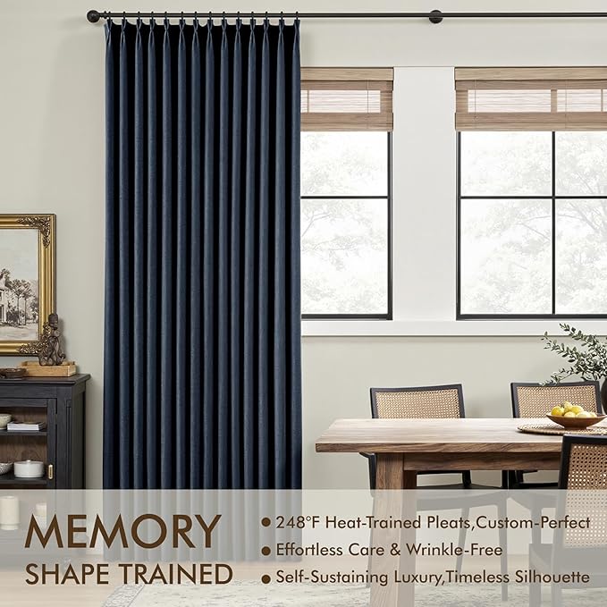 MIULEE Navy Blue Pinch Pleated 100% Blackout Linen Curtains 40x84 Inches | Room - Image 3