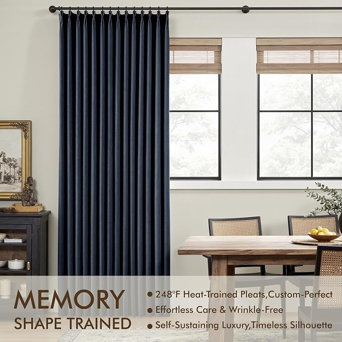 MIULEE Navy Blue Pinch Pleated 100% Blackout Linen Curtains 40x90 Inches | Room - Image 3