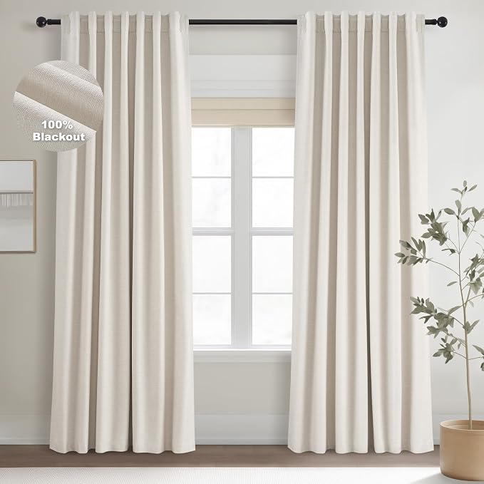 Topfinel 100% Blackout Linen Curtains 72 Inch Long Ivory Blackout Cream White by Topfinel