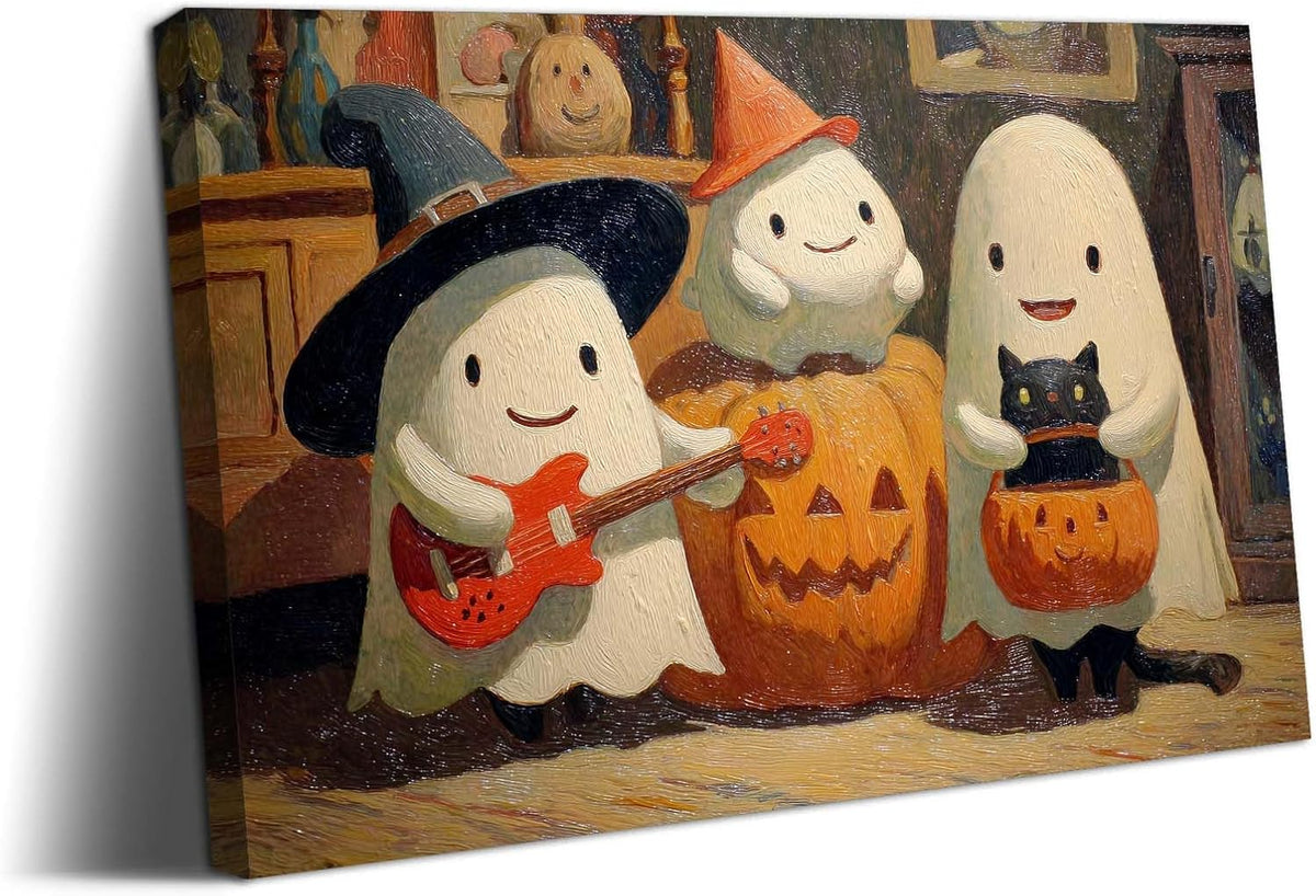 Laoife Vintage Halloween Canvas Wall Art, Autumn Pumpkin Cute Ghost Canvas Prints, Halloween Party House Decoration (Ghost 4)