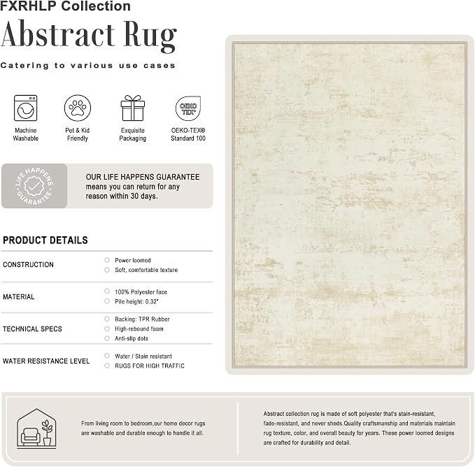 Area Rug Living Room: 3x5 Modern Washable Indoor Soft Carpet Beige | - Image 2