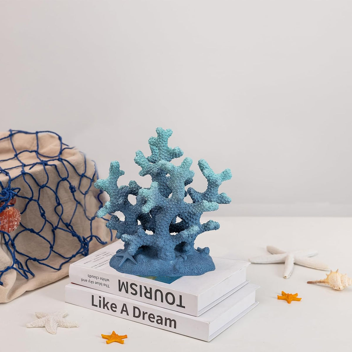 7.1" H Blue Coral Decor, Resin Coral Statue, Nautical Decorations for Home, Bedroom, Bathroom, Living Room, Beach/Coastal/Ocean Themed Cabinet Shelf Tabletop Decor