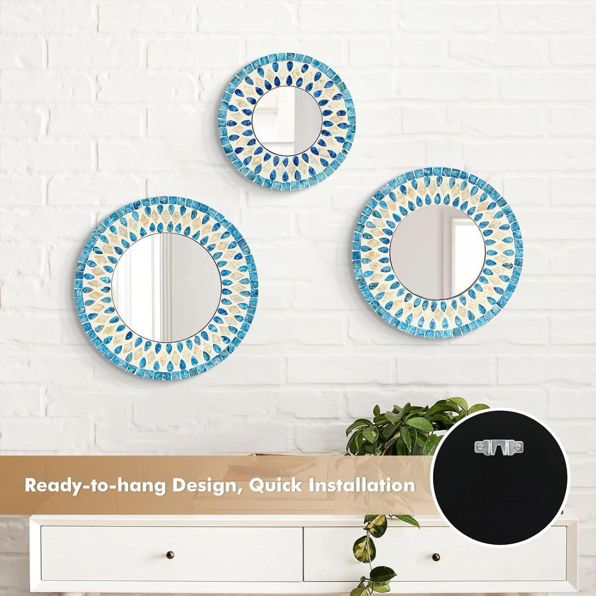 TEIPAI Handmade Mother of Pearl Mirror for Wall Decor, 3PCS Round Decorative Mirrors for Beach Nautical Home Hotel Coffee Shop, Natural Plate Art Hanging Sculpture for Dorm Apartment Entryway (Blue)