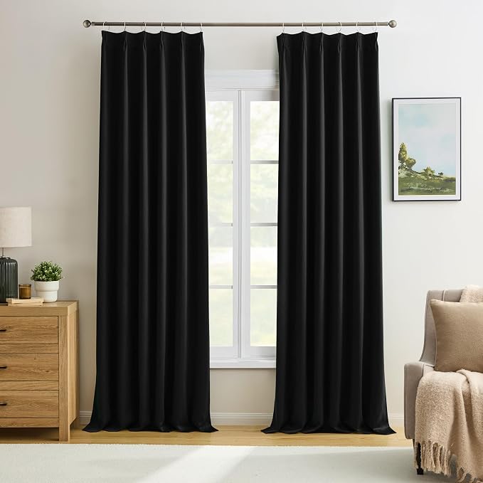 Black Curtains Blackout 100 Inches Long, Luxury Faux Silk Polyester Pinch by KEQIAOSUOCAI