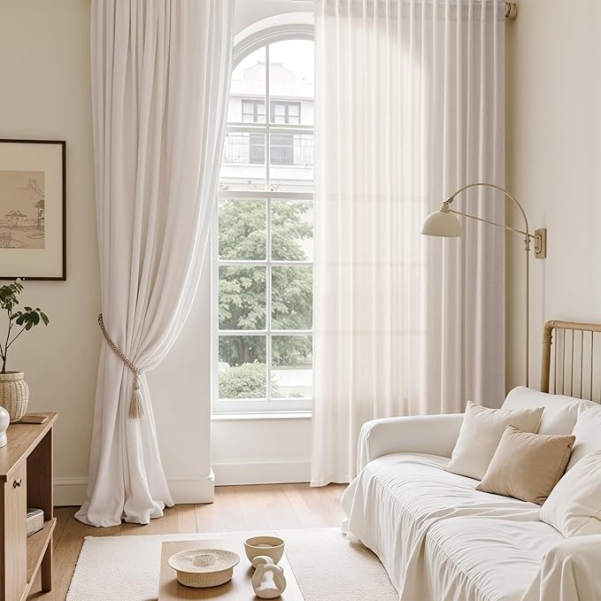 Ivory White Linen Curtains for Living Room 100 Inches Long Light Filtering Semi - Image 6