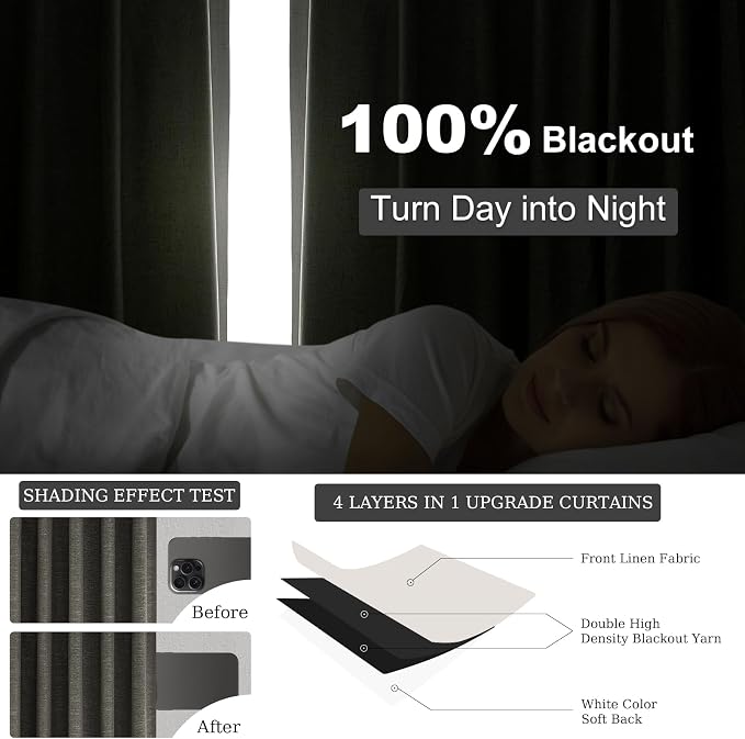 Grey Linen Black Out Curtains 96 Inches Long 2 Panels Set - Image 6