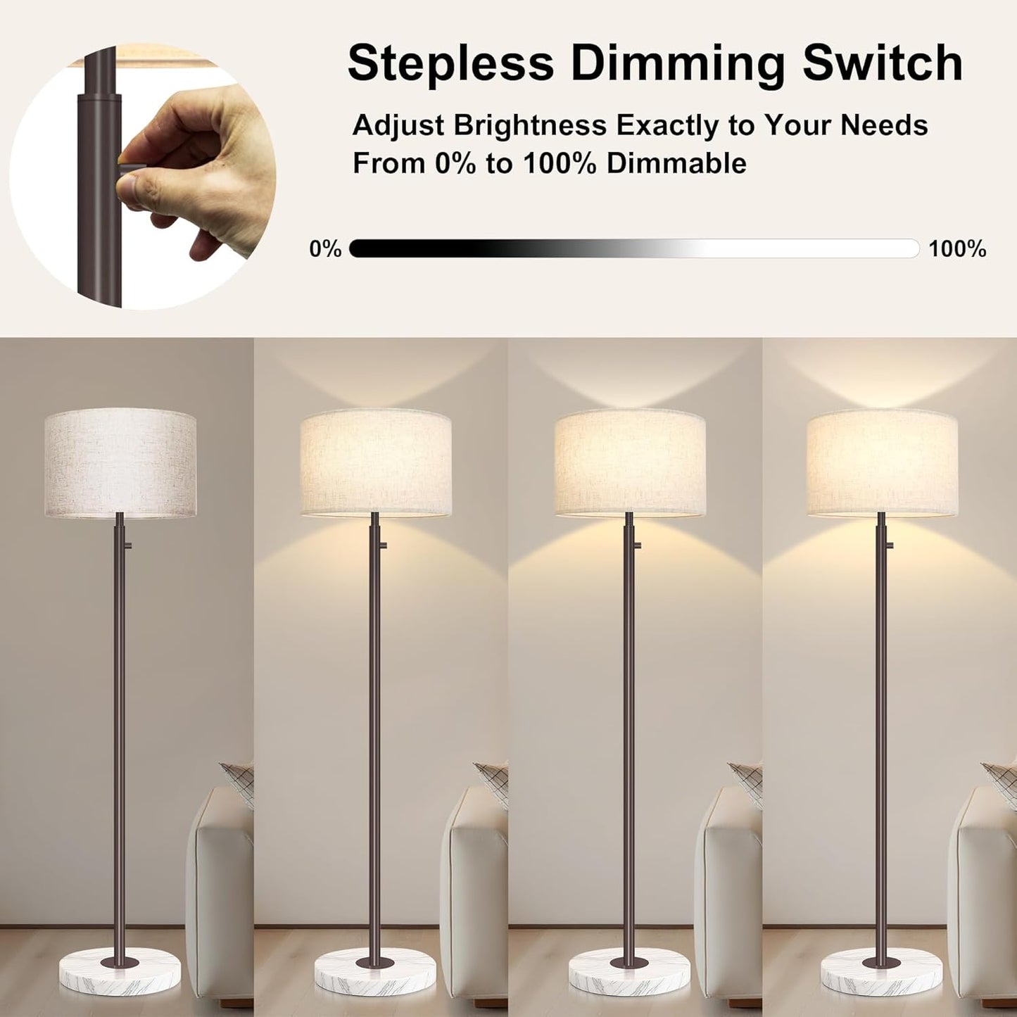 Floor Lamp for Living Room,Dimmable Gold Floor Lamp,Modern Standing Lamp with Marble Base,Tall Standing Lamp for Bedroom, Reading,Office & Kids' Room,LED Bulb Included(Brown)