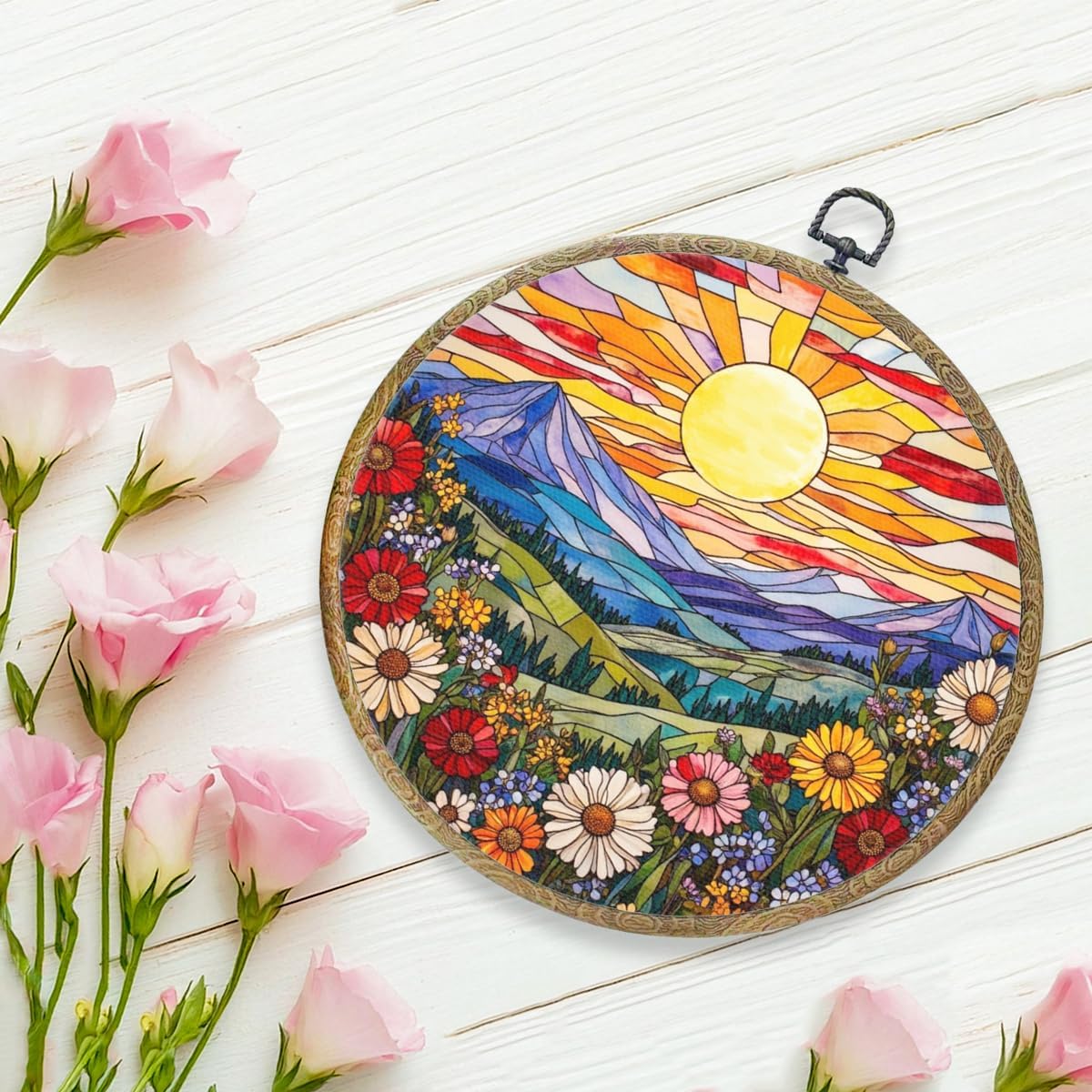 Wildflowers Sunset Flower Floral Garden Decor, Gift for Mom, Nature Lover Gift Framed Round Wall Decor Canvas Wall Art Hanging Prints Artwork for Home Living Room Office Decorations 10.2X10.2 Inch