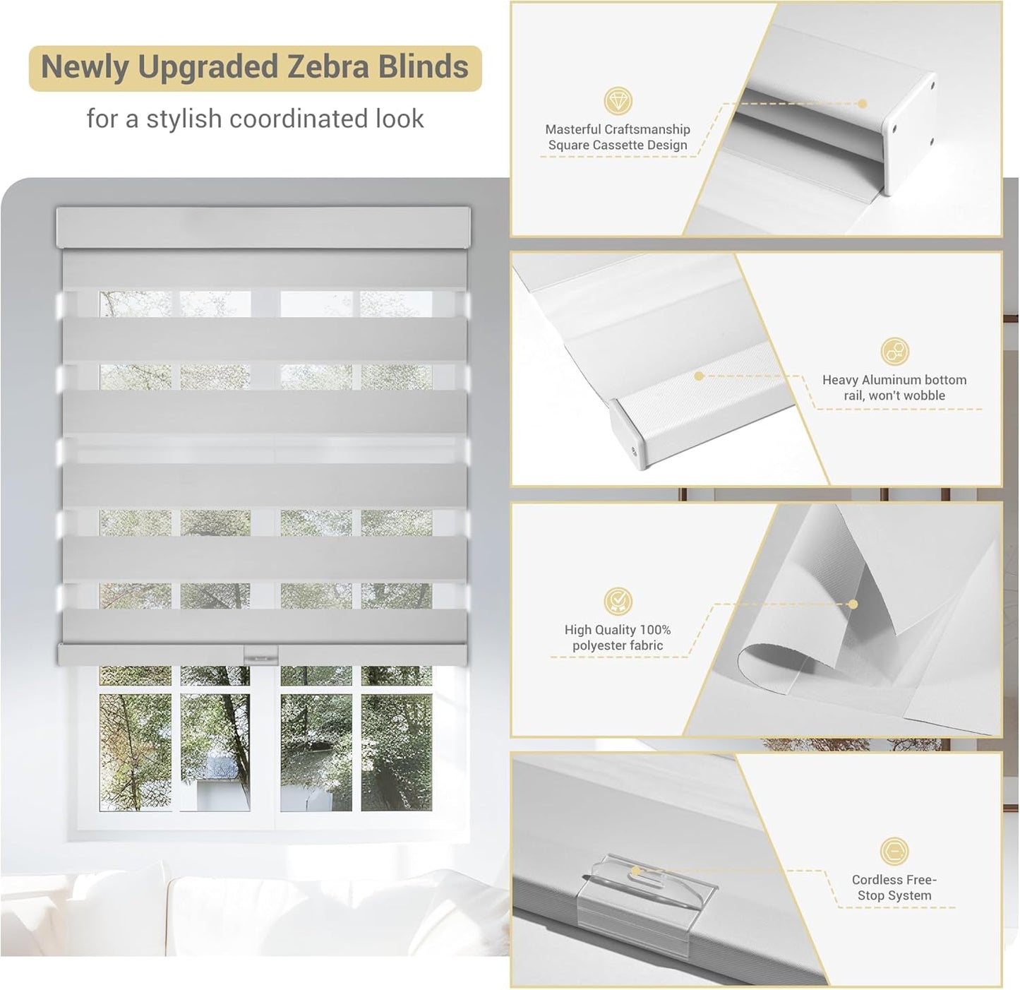 Cordless Zebra Blinds for Windows, Blackout Interior Blinds,Easy to Install,UV Protection,for Offices and Home,Custom Roller Shades, Solid White, 18" W x 36" H