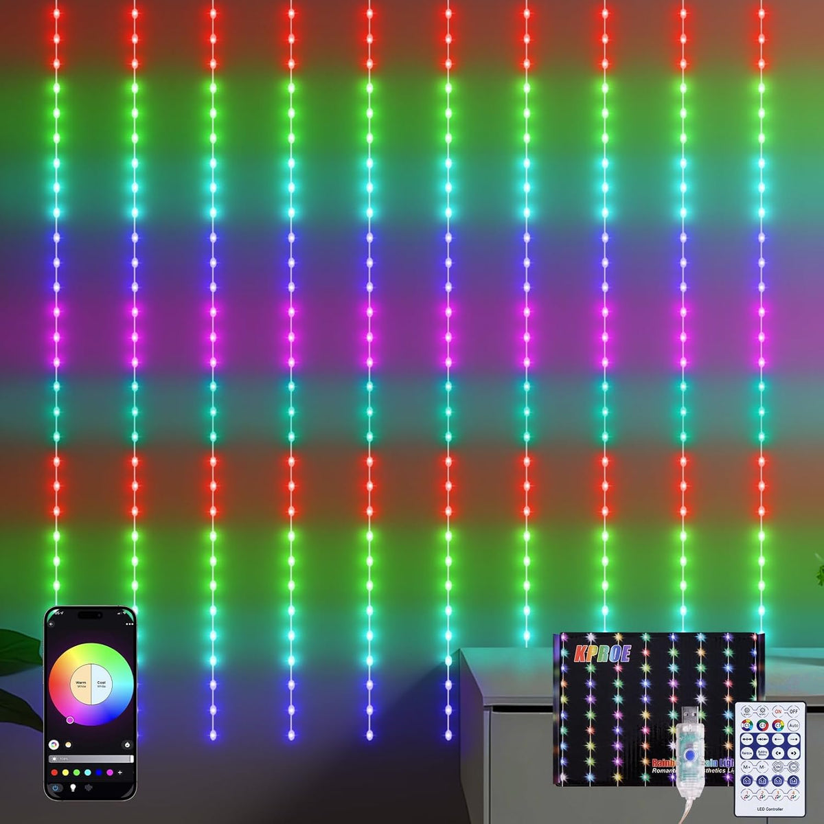 KPORE Smart Fairy Curtain Lights – 300 LED Color-Changing String for Indoor/Outdoor Decor – Christmas, Weddings, Parties & Room Backdrop