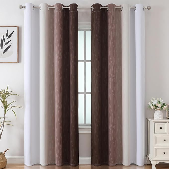 Brown and Greyish White Blackout Curtains 52Wx84L 2 Panels | Ombre Curtains - Image 2