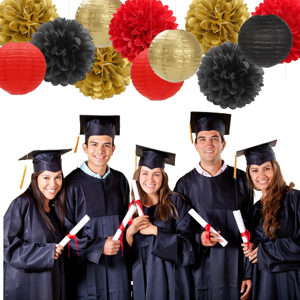 Red-Black Gold Party-Decorations Paper Flowers Lanterns - 15PCS Casino Theme Halloween Tissue Pom Poms Streamers,Game Night Women Men Birthday Wedding Bachelorette Hanging Supplies Decor Hugfond
