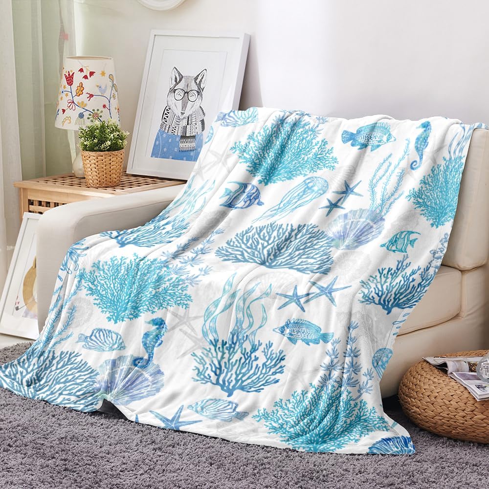 Blue Ocean Beach Throw Blanket Nautical Coastal Bed Blanket Starfish Seashell Coral Blankets Super Soft Flannel Fleece Throw Blanket for Couch Bed Decor “50 x60”