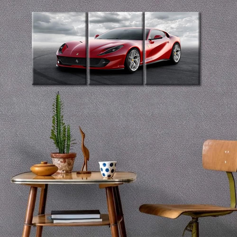 TUMOVO 3 Piece Wall Pictures for Living Room Red Sports Car Painting on Canvas Wall Decor Art Famous Super Car Poster for Men Boys Bedroom Wall Art Modern Artwork Framed Ready to Hang, 36" Wx16 H