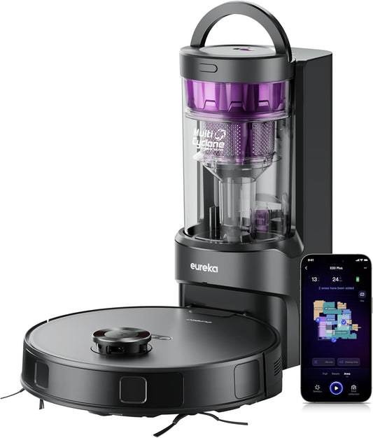 Eureka E20 Plus Robot Vacuum with Bagless Self Emptying Station, Robotic Vacuum and Mop Combo, 45-Day Capacity, Upgraded 8000Pa Suction and Anti Hair-Tangling Brush, LiDAR Navigation, App Control