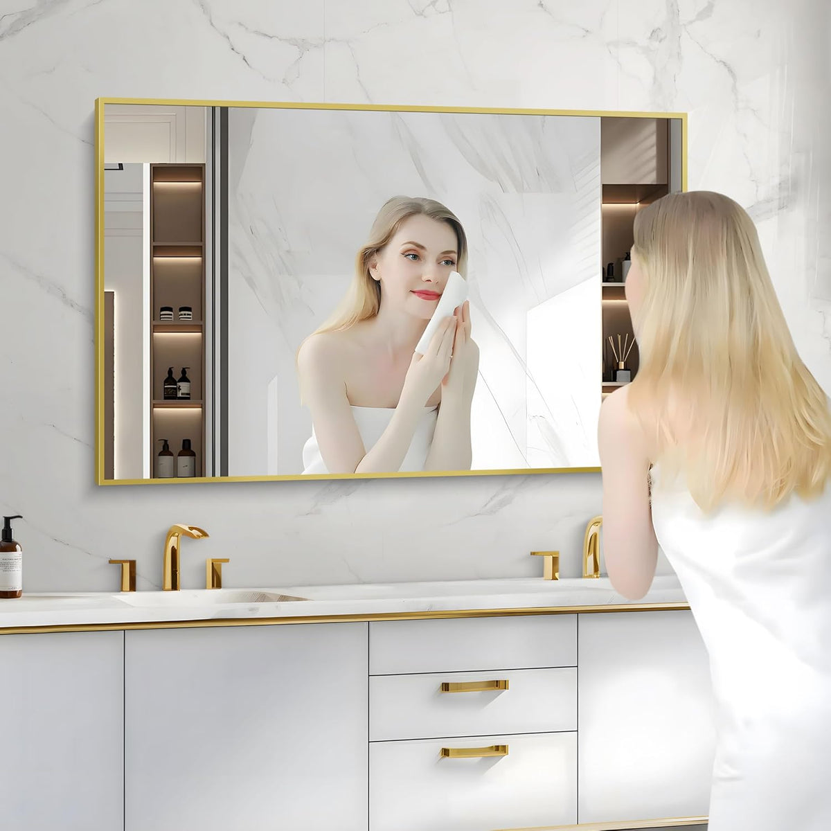 Gold Bathroom Mirror for Wall, 30x48 Inch Rectangle Mirrors with Metal Frame, Modern Vanity Wall Mirror Decor for Bathroom Living Room, Entryway Hangs Horizontal or Vertical