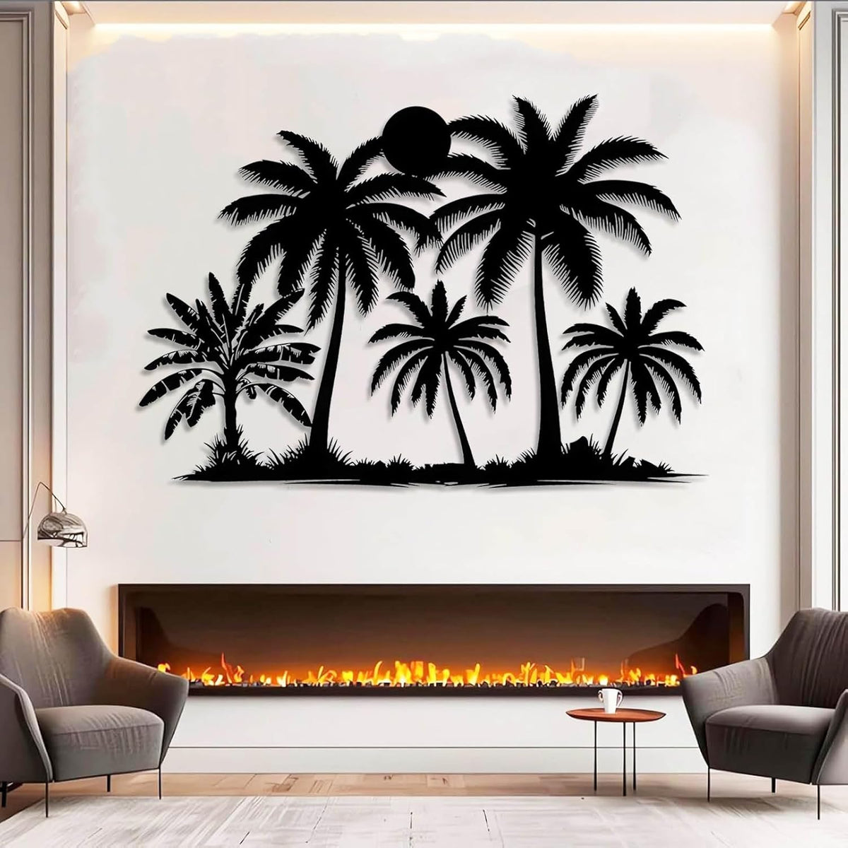 Tuglona Metal Palm Tree with Sunset Wall Decor, Tropical Palm Tree Metal Wall Art, Tropical Wall Decor, Sun Wall Art, Beach Wall Decoration, Coastal Trees Wall Hanging (Silver, 30"x21"/76x53cm)