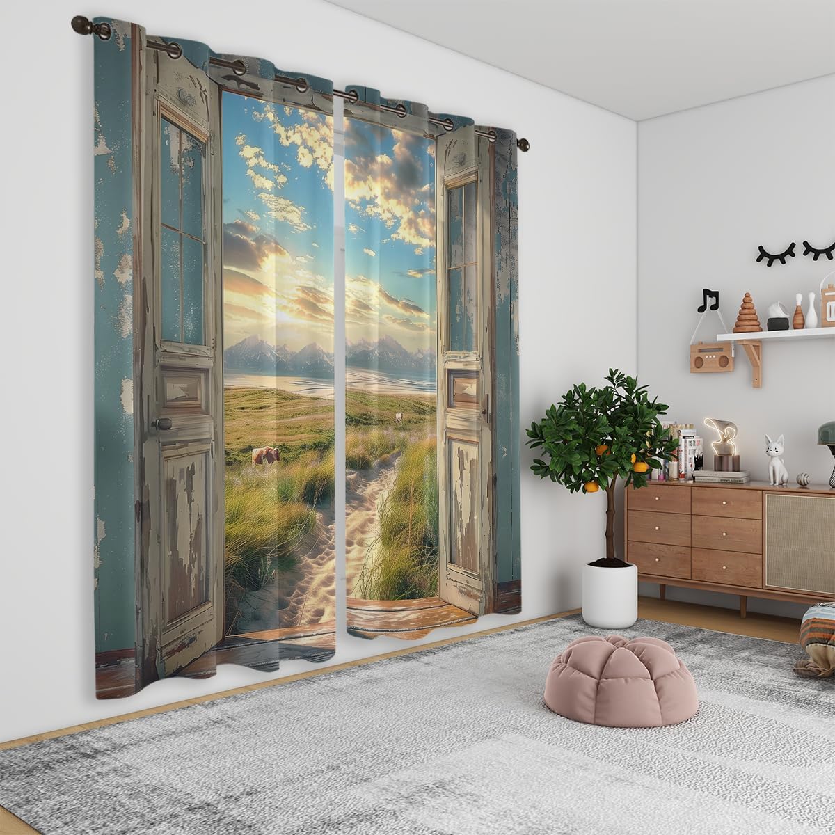 Landscape Blackout Curtains for Girls Boys Home Decor, Cow Sunset Grassland Mountain Natural Scenery Grommet Thermal Insulated Drapes Darkening Window Curtain for Bedroom Living Room, 42 x 45 Inch