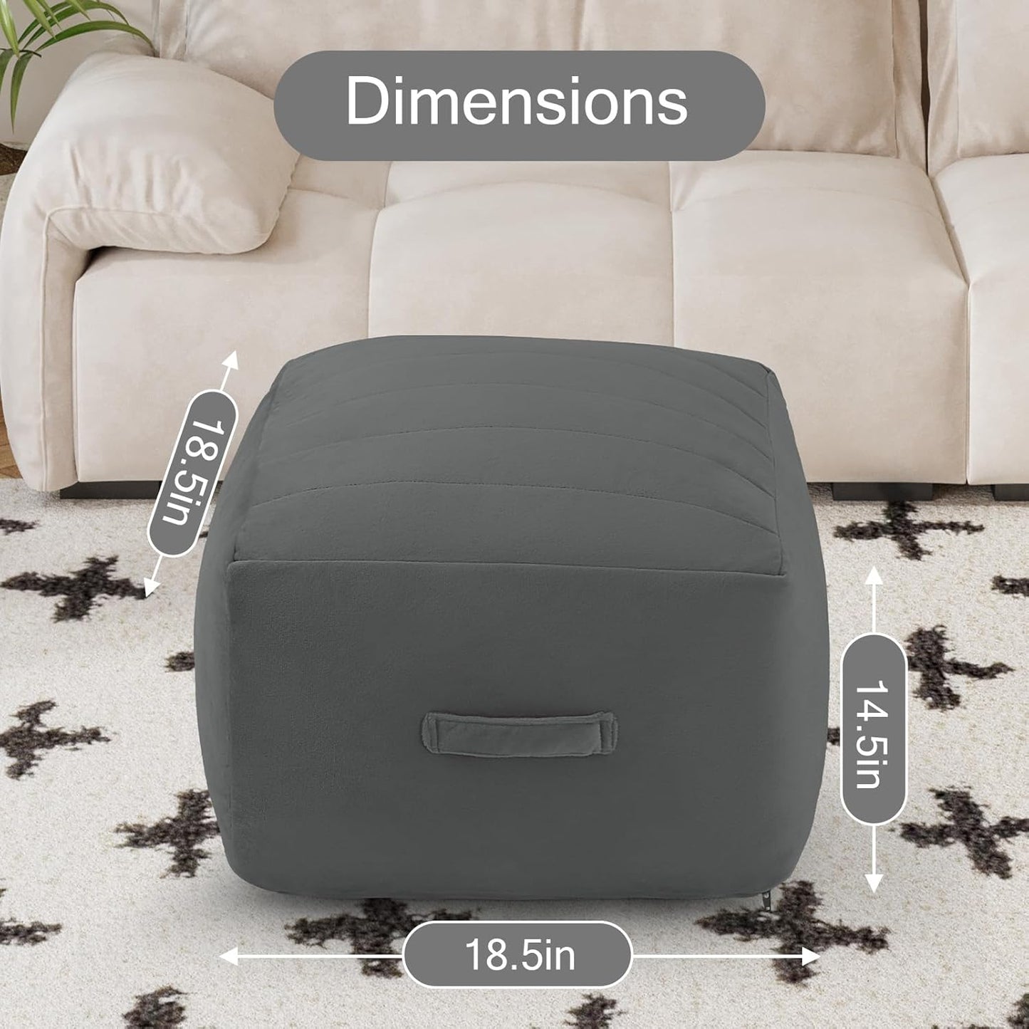 MeMoreCool Square Stuffed Pouf Ottoman Foot Rest, Floor Pouf Foot Stool with Foam Chunk Filling, Soft Stuffed Ottoman Footrest for Living Room, Dark Grey