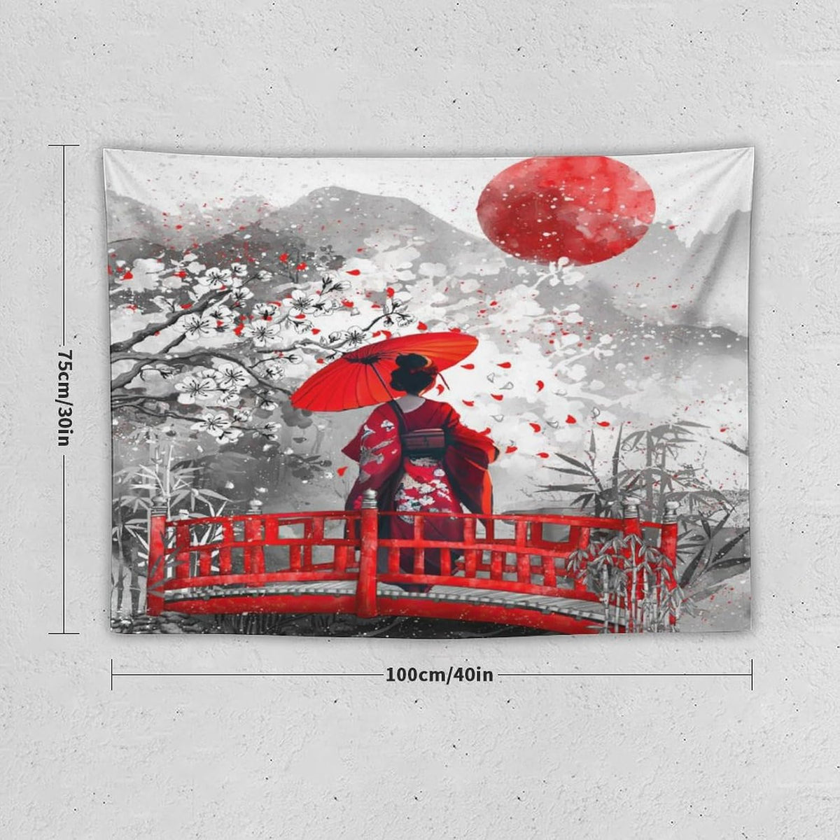 Japanese Red Geisha Tapestry Asian Cherry Blossom Red Sun Traditional Kimono Folk Tapestries Home Decor for Living Room Bedroom Apartment Farmhouse Dorm 40"x30"