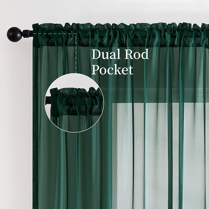 MIULEE Hunter Green Sheer Curtains 54 X 96 Inches, 2 Panels | Solid Color - Image 3