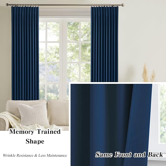 Dark Navy Blue Pleated Blackout Curtains 2 Panels Set, Thermal Insulated Room - Image 6