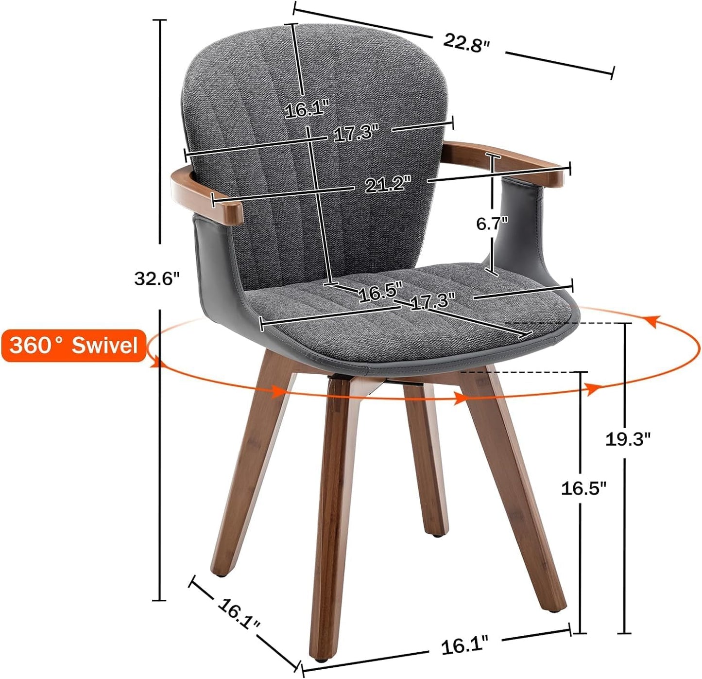 LUNLING Swivel Dining Chairs Set of 2, Mid Century Modern Gray Fabric+Faux Leather Kitchen Chairs with Arms,Bamboo Legs Side Chairs No Wheels,Accent Chair for Dining Rooms and Offices(Gray Fabric)