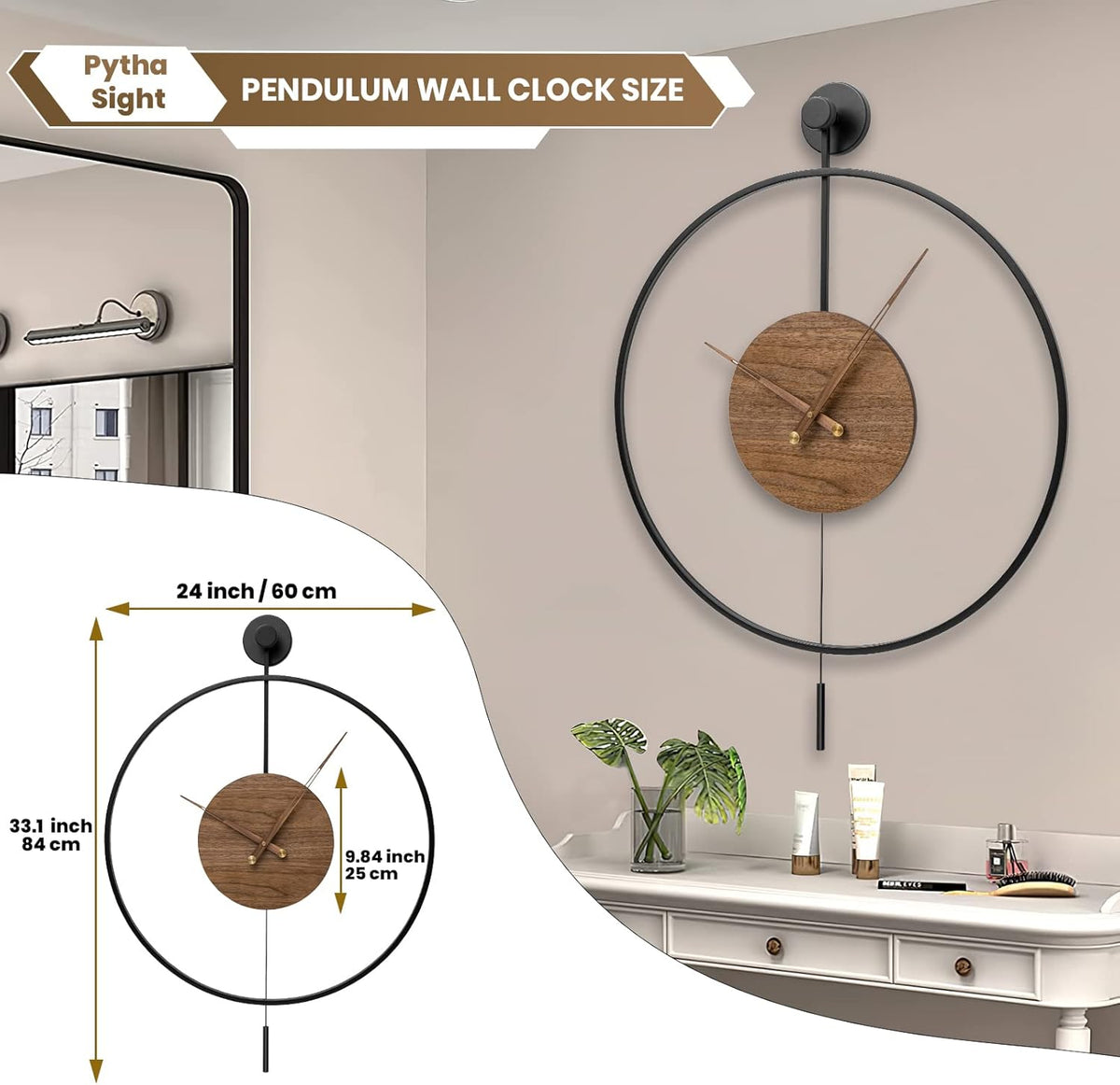 Large Modern Wall Clock,Wall Clocks for Living Room Decor,Classical Silent Metal Minimalist Walnut Dial,Big Decorative Farmhouse Pendulum Wall Clock With Walnut Pointers for Office,Dining Room