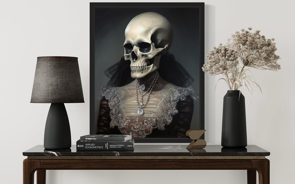 Female Skull Poster Art Print, Halloween Scary Vintage Wall Art Academia Spooky Painting Decoration for Horror Prints, Gothic Posters Bedroom Decor 89 (Female Skull, 8 x 10 inches, Black Frame)