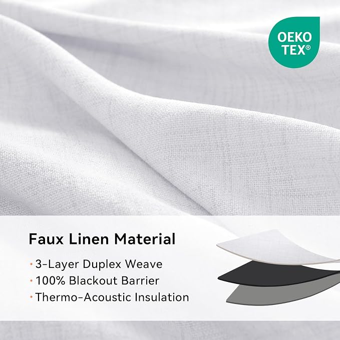 100% Blackout Linen Textured Curtains 84 Inch Long, Bright White | 100% - Image 4