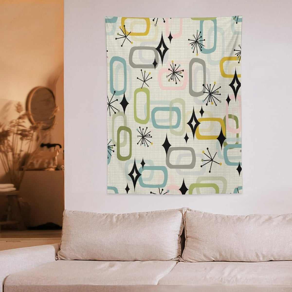 ICMOLYYENLO Boho Medieval Cat Tapestry, Abstract Atomic Starburst Geometric Aesthetic Art Wall Hanging For Bedroom Living Room Dormitory 60x80 Inches