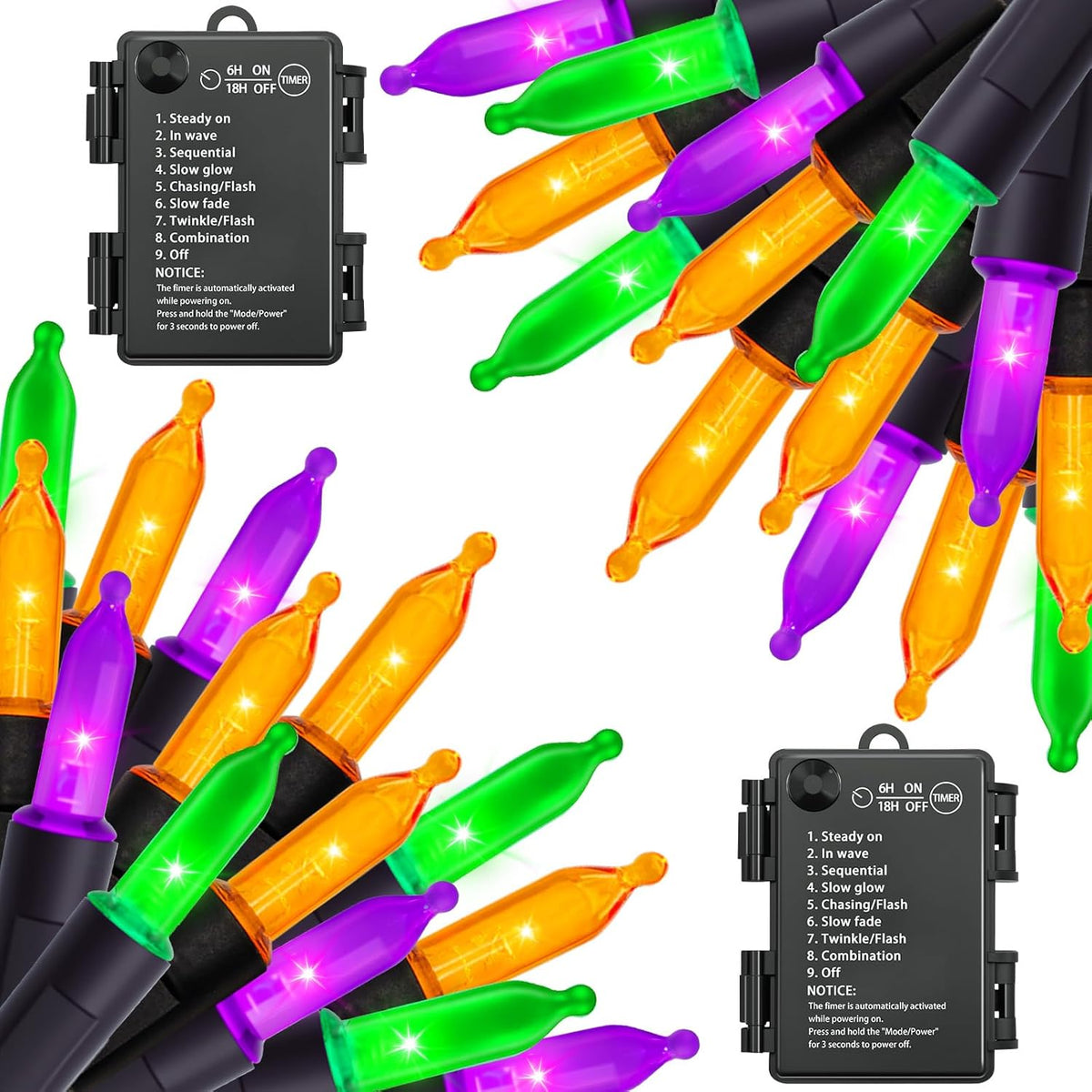 Halloween Orange Purple & Green Lights Decorations, 2 Pack 17FT 100LED Mini String Lights Battery Operated -Waterproof for Indoor Outdoor Patio Tree Holiday Fall Halloween Decor