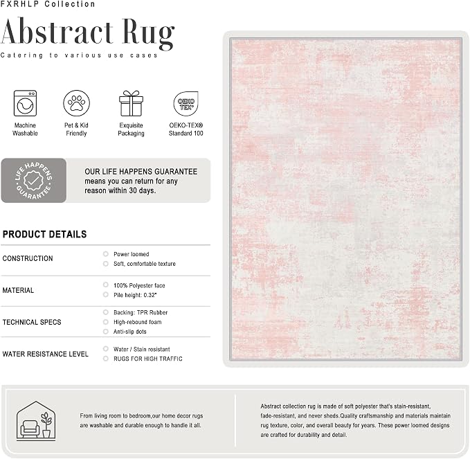 5x7 Area Rug Living Room: Modern Washable Soft Carpet Pink White | - Image 3