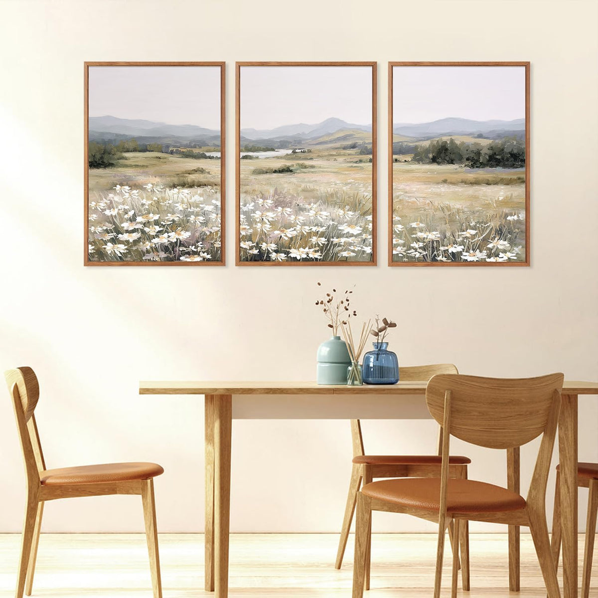 KAIRNE Landscape Canvas Wall Art,Boho Floral Prints Set of 3(16”X24”),Flower Garden Paintings,Wildflower Field Scene Wall Decor,Botanical Art for Living Room Bedroom Kitchen Farmhouse Decor,Framed