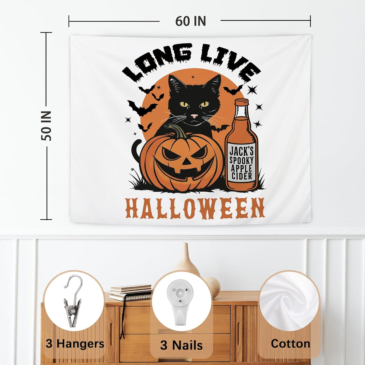 NATSUNO Halloween Tapestry, Long Live Halloween Wall Tapestry for Bedroom, Trendy Black Cat Pumpkin Apple Cider and Bats Tapestries Wall Hanging for Home Living Room Decor, 50x60 Inches