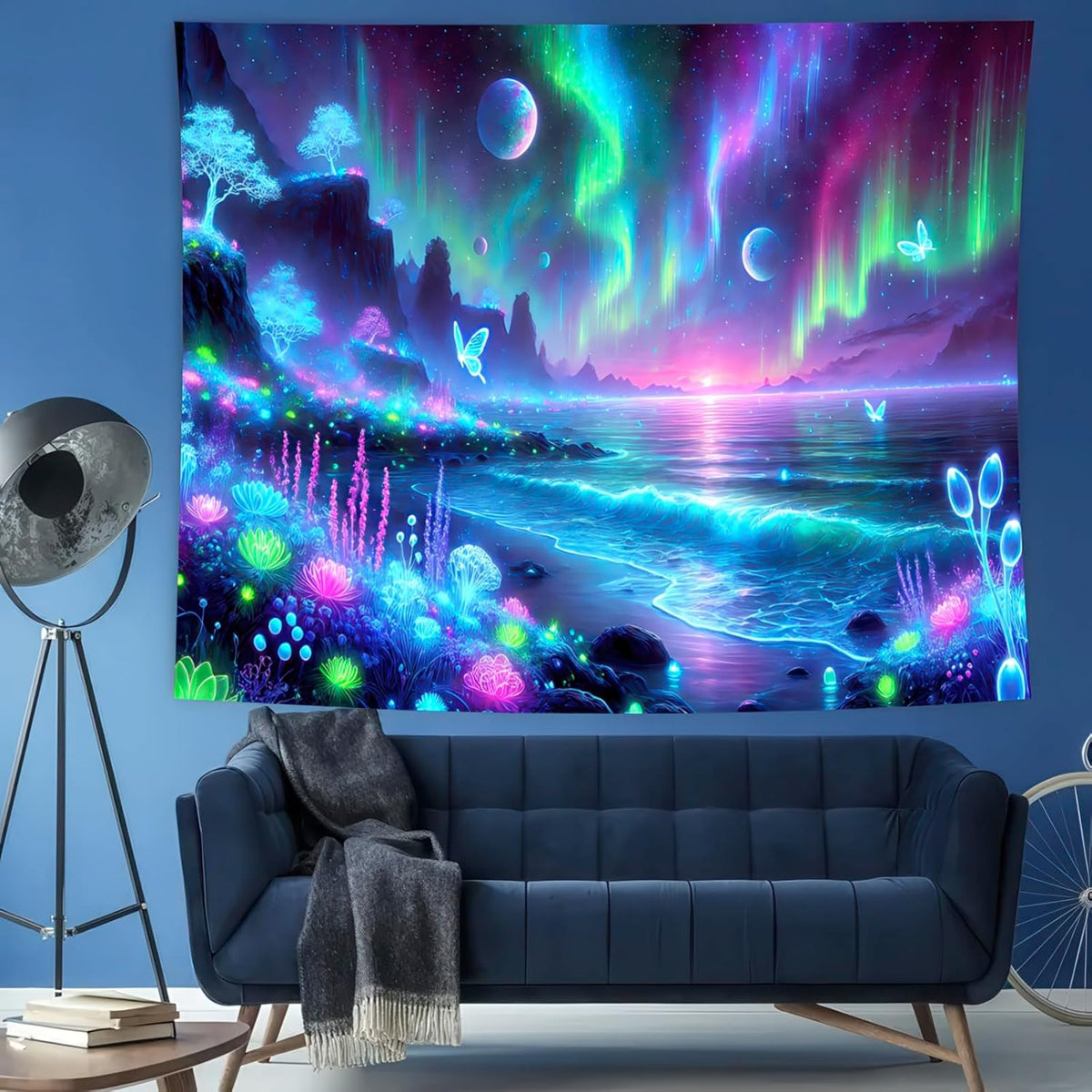 BlissYard Blacklight Fantasy Forest Tapestry UV Reactive Moon Tapestry Floral Plant Jungle TapestryButterfly Galaxy Space Tapestry Nature Landscape Wall Hanging for Bedroom Living Room 51" X 78"