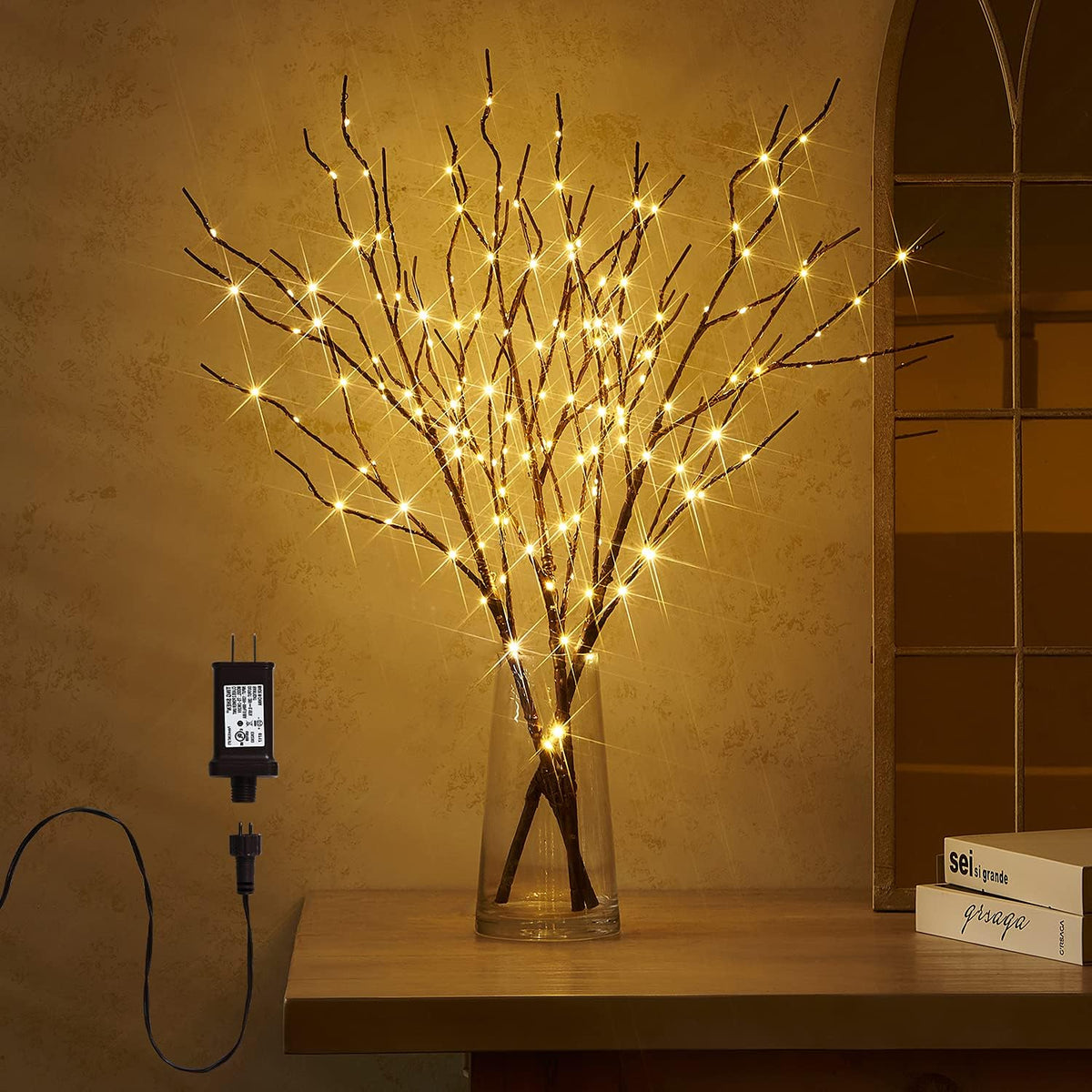 Fudios Lighted Twigs and Branches for Vases Plug in 32in Tall,Brown Willow Tree Branches with Lights 150 LED Outdoor Indoor Holiday Party Decor Gift 2Sets
