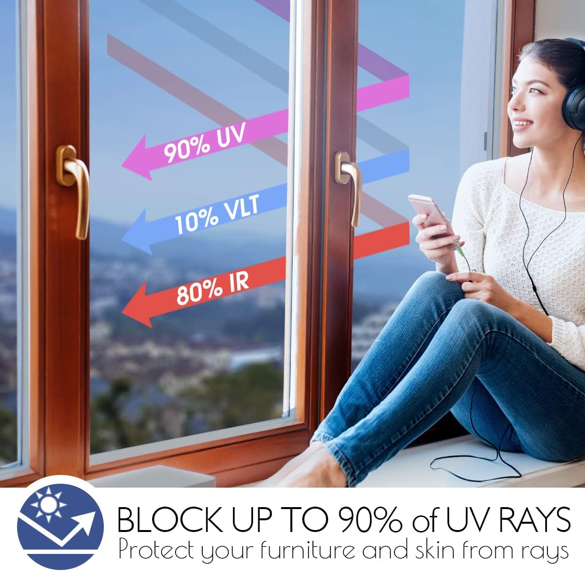 HIDBEA One Way Window Film Daytime Privacy Window Tint for Home, UV Blocking Reflective Heat Control Glass Films Non-Adhesive Mirror Window Clings (Blue-Silver, 23.6 Inch × 6.5 Feet)