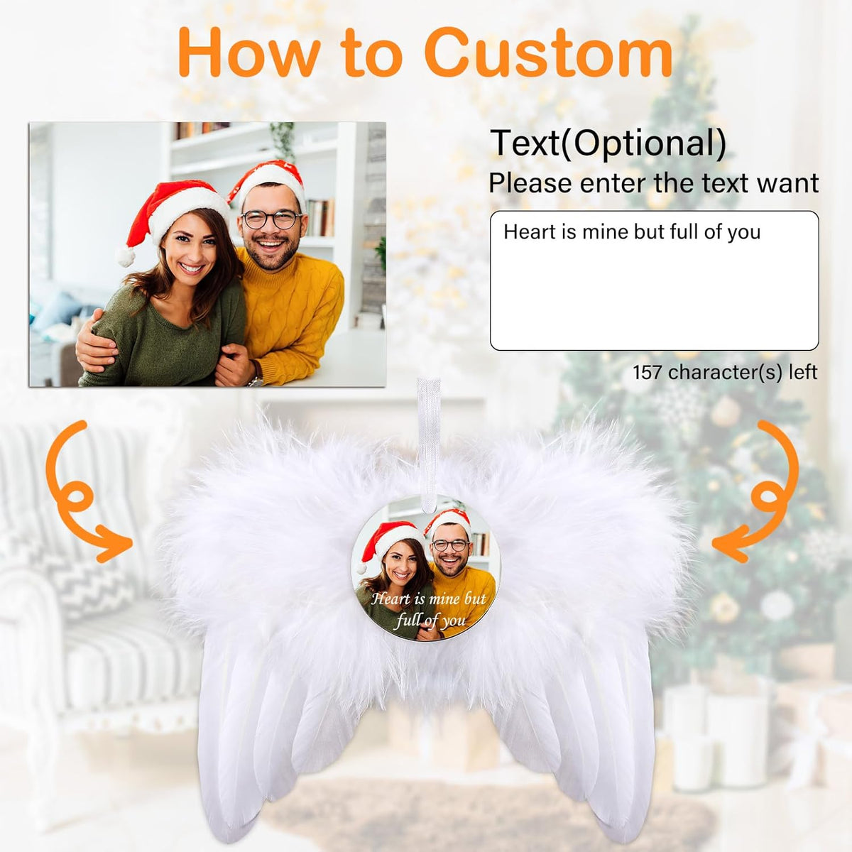 Personalized Christmas Ornaments 2025, Angel Wings Custom Photo Text Hanging Ornament Customized Christmas Tree Decorations Gift for Family, Kids, Friends, Couples, Wedding