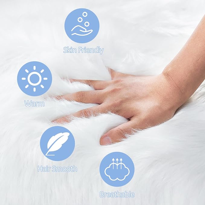 White Faux Fur Rug 2x2 Feet Small Round Fluffy Rug, Faux Sheepskin Circle Shag - Image 5