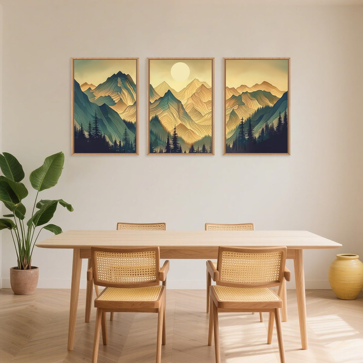 Celestdeco Mountains Forests Framed Canvas Wall Art Set, Abstract Sun Woodland Painting, Boho Scenery Sun Wall Decor, Natural Woodgrain Art Print for Living Room, Bedroom, Dining Room, Office - 16"x24"x3