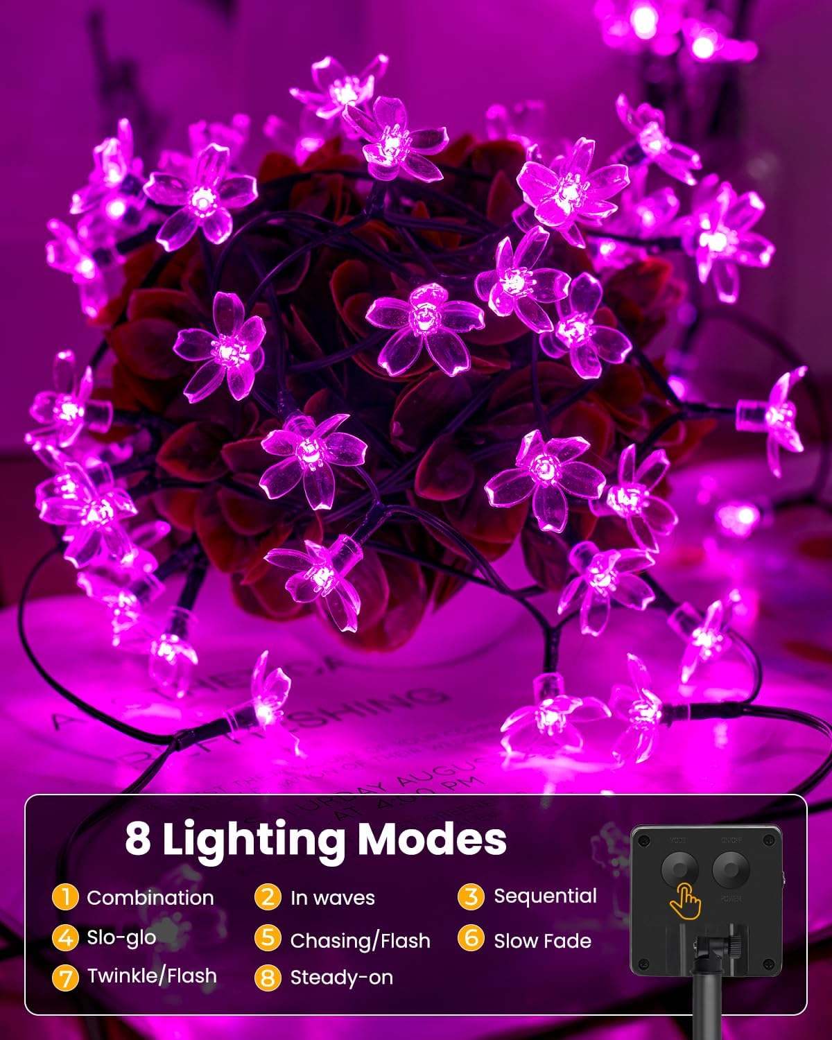 Brightown 60 LED Solar String Lights Flower Outdoor Waterproof Fairy Lights for Garden Yard Fence Patio Christmas Tree Wedding Party Decor, Pink