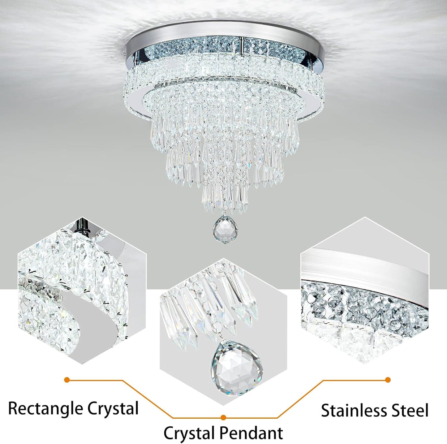 16“ Crystal Chandeliers Light Flush Mount Ceiling Light Fixtures Round Modern LED Chandelier for Living Room Bedroom Dining Room Closet Hallway (Cool White)
