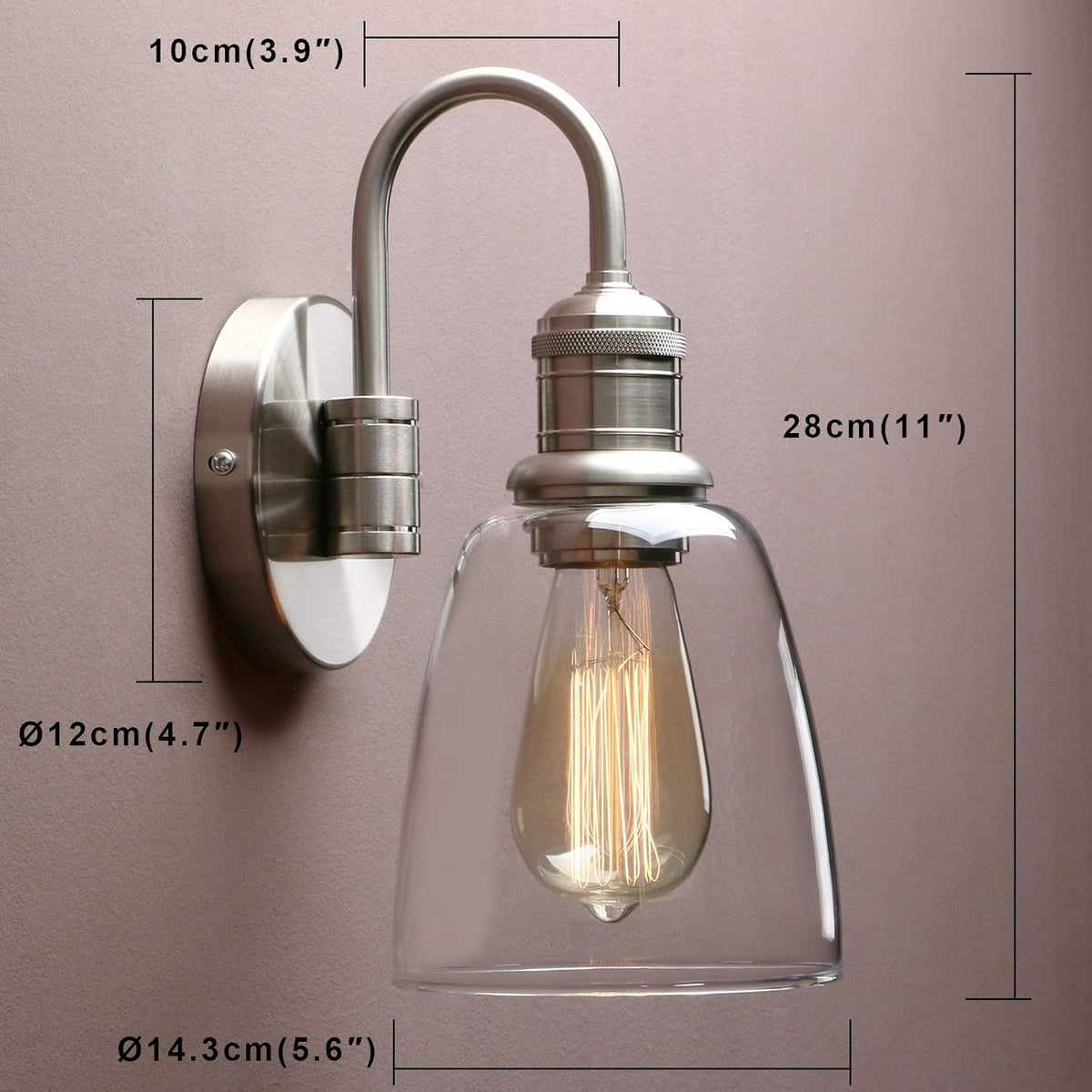 Yosoan 1-Light Brass Modern Vintage Indoor Wall Sconce, Vanity Single Luxury Hardwired Retro Textured Clear Oval Cone Glass Shade with Industrial Gooseneck Curved Rod Bathroom Lamp(Brushed)