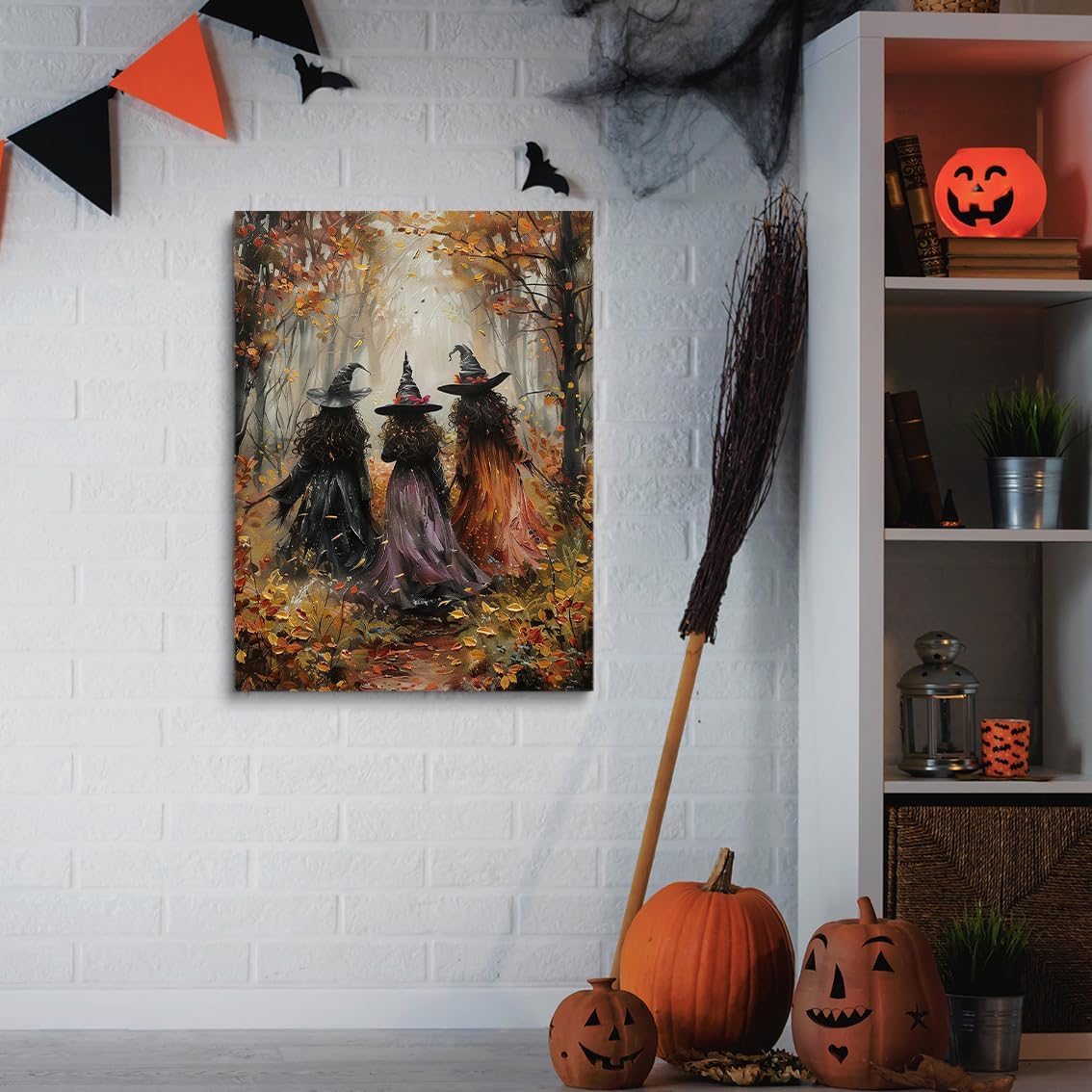 Vintage Three Witches In The Forest Painting Witch Print Witchy Canvas Print Halloween Wall Art Halloween Decor Witch Poster Dark Academia Gothic Room Decor for Dorm Bedroom 12x16in Frame wall art